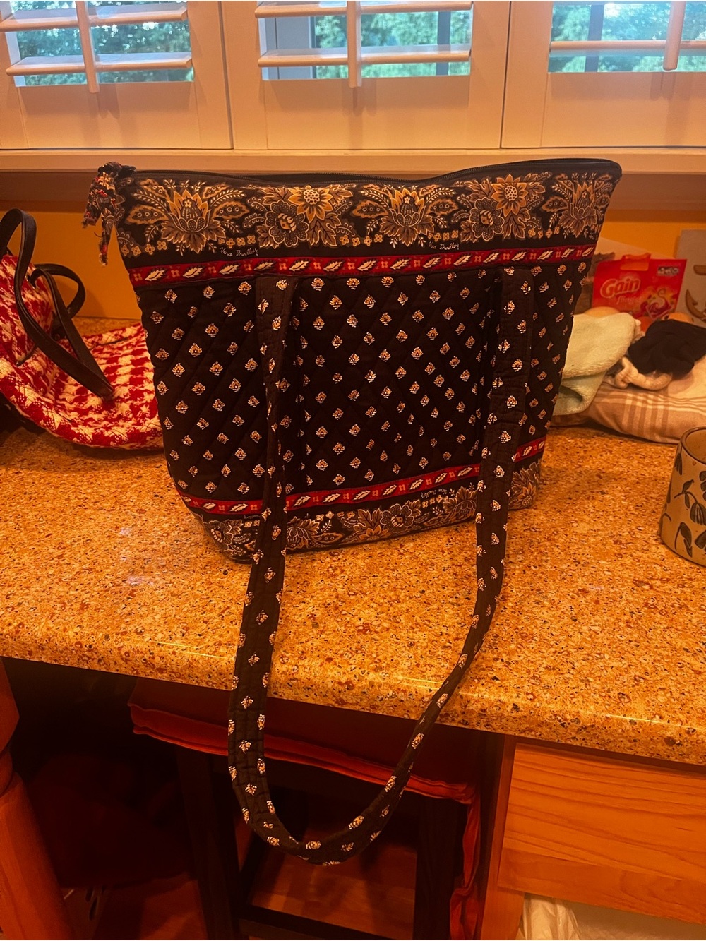Vera Bradley Navy Floral Quilted Tote with Red Trim